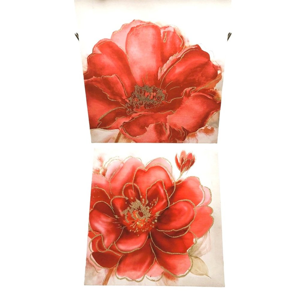 Abstract Flower Paintings on Canvas Set Wall Art Coral Pink Gold Glitter Peonies